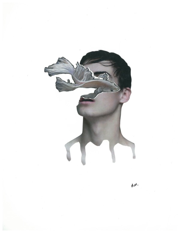 fish swimming into mans head