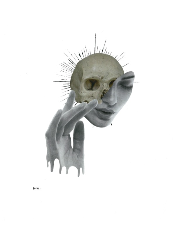 skull with halo behind womans face